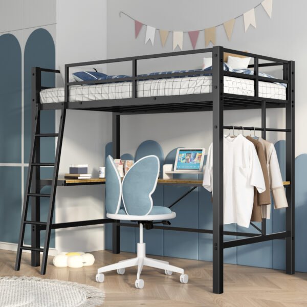 Twin Metal Loft Bed with L-Shaped Desk, Charging Station Loft Bed Frame Twin Size, Safety Guard & Ladder, No Box Spring Needed