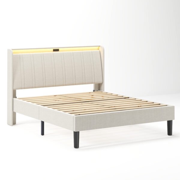 Queen Size Platform Bed Frame with Fabric Upholstered Headboard and Wooden Slats Support