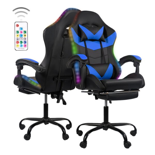 Gaming Chair Black-Blue - Ergonomic PU Seat w/Adjustable Armrests & Metal Legs