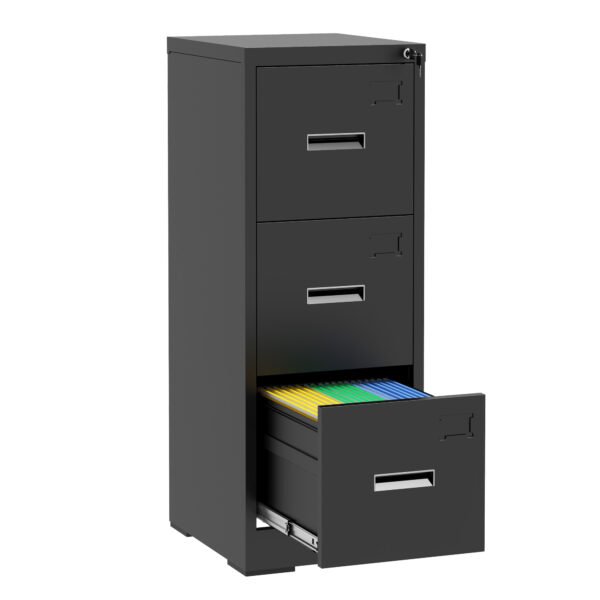 3 Drawer Metal Vertical File Cabinet with Lock and Card Slot Office Home Vertical File Cabinet for A4 Legal/Letter Size Narrow File Cabinet Locked,Assembly Required (Black)