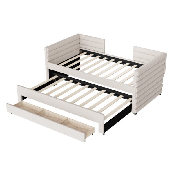 Twin Size Upholstered Daybed with Trundle and 3 Storage Drawers, Short-haired Linen Fabric Sofa Bed for Guest Room, Living Room, Space-Saving Modern Day Bed Frame, No Box Spring Needed, Beig