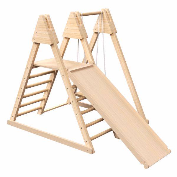 4-in-1 Juniper Indoor Play Gym - Jungle Gym Playset with Baby Swing, Slide, Ladder, and Climbing Wall - Foldable Wooden Playset - Indoor Jungle Gym for Kids