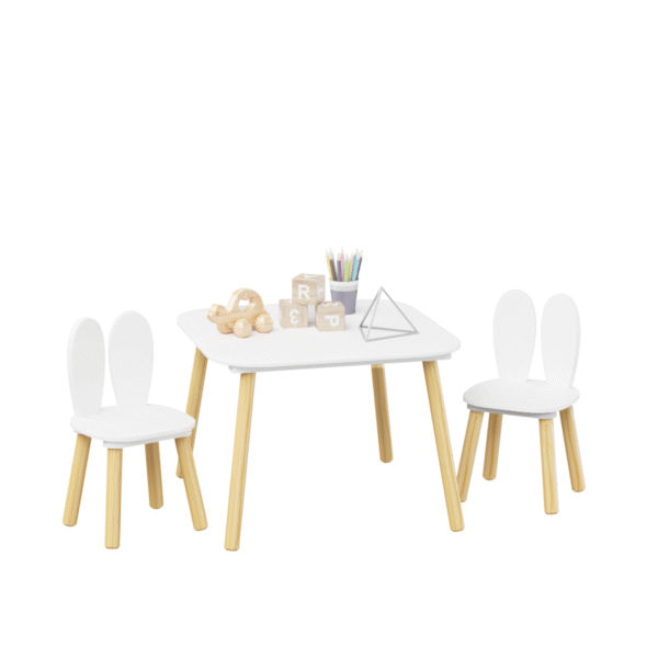 Kids Table and 2 Chairs Set, 3 Pieces Rabbit Themed Toddler Table and Chair Set, Children Wooden Activity Play Table Set Solid Wood Legs (White)