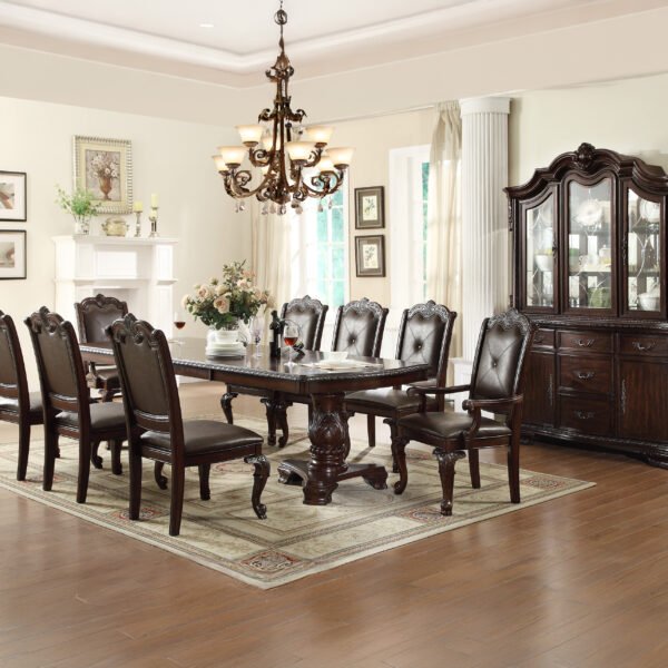 Formal 9pc Rectangular Dining Table 18" Extendable Leaf Side Chair Armchair Rich Dark Brown Finish Faux Leather Upholstery Intricately Carved Double Pedestal Base Solid Wood Dining Set